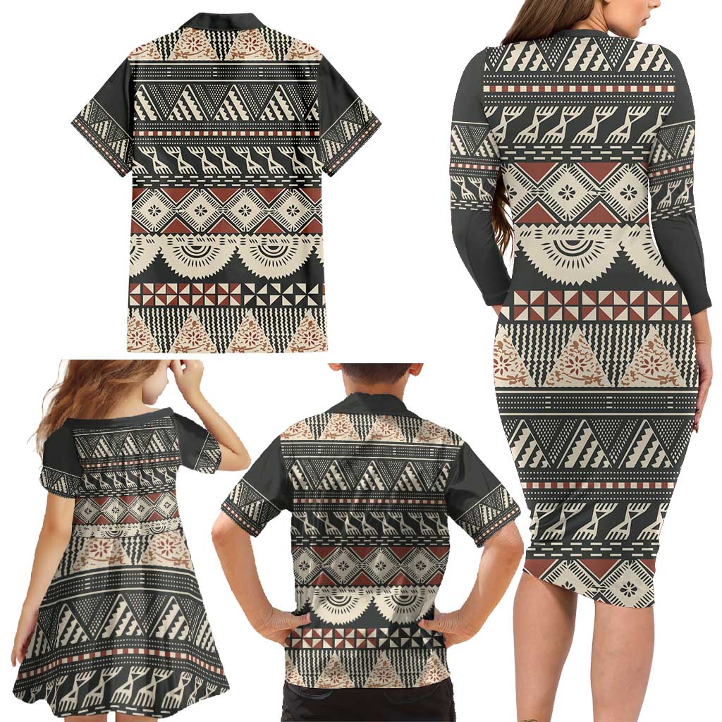 Vintage Bula Fiji Masi Family Matching Long Sleeve Bodycon Dress and Hawaiian Shirt Fijian Tapa Cloth LT14 - Polynesian Pride