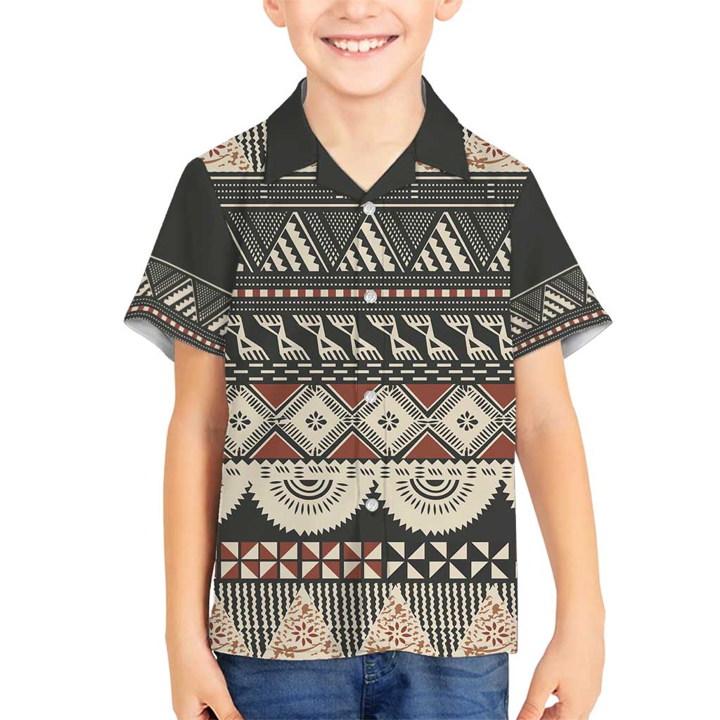 Vintage Bula Fiji Masi Family Matching Long Sleeve Bodycon Dress and Hawaiian Shirt Fijian Tapa Cloth LT14 Son's Shirt Charcoal - Polynesian Pride
