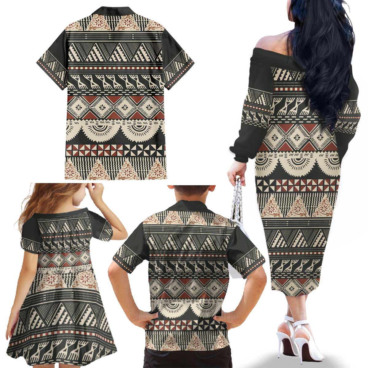 Vintage Bula Fiji Masi Family Matching Off The Shoulder Long Sleeve Dress and Hawaiian Shirt Fijian Tapa Cloth LT14 - Polynesian Pride