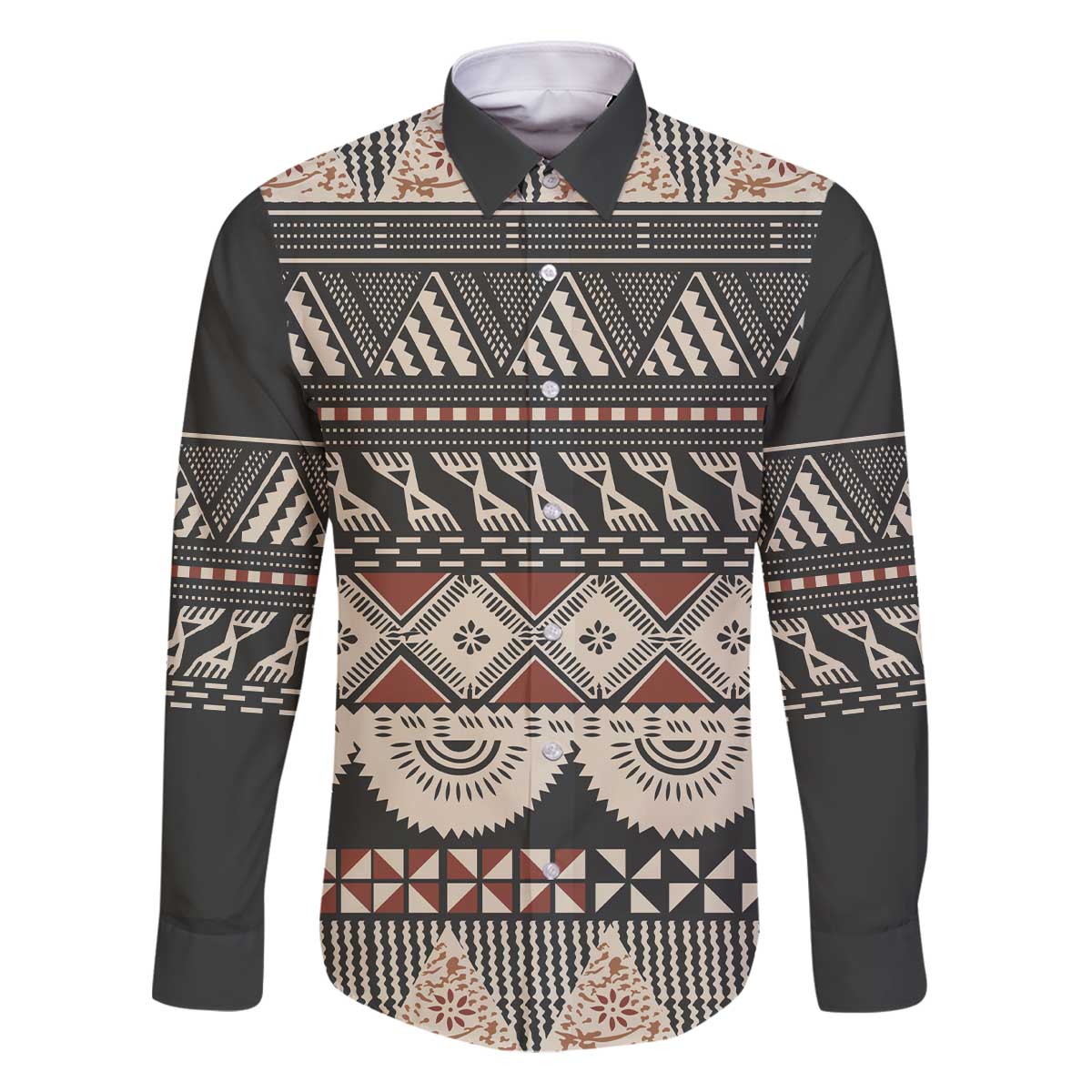 Vintage Bula Fiji Masi Family Matching Off The Shoulder Long Sleeve Dress and Hawaiian Shirt Fijian Tapa Cloth LT14 Dad's Shirt - Long Sleeve Charcoal - Polynesian Pride