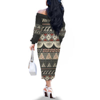 Vintage Bula Fiji Masi Family Matching Off The Shoulder Long Sleeve Dress and Hawaiian Shirt Fijian Tapa Cloth LT14 - Polynesian Pride