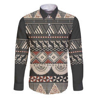 Vintage Bula Fiji Masi Family Matching Off Shoulder Maxi Dress and Hawaiian Shirt Fijian Tapa Cloth LT14 Dad's Shirt - Long Sleeve Charcoal - Polynesian Pride