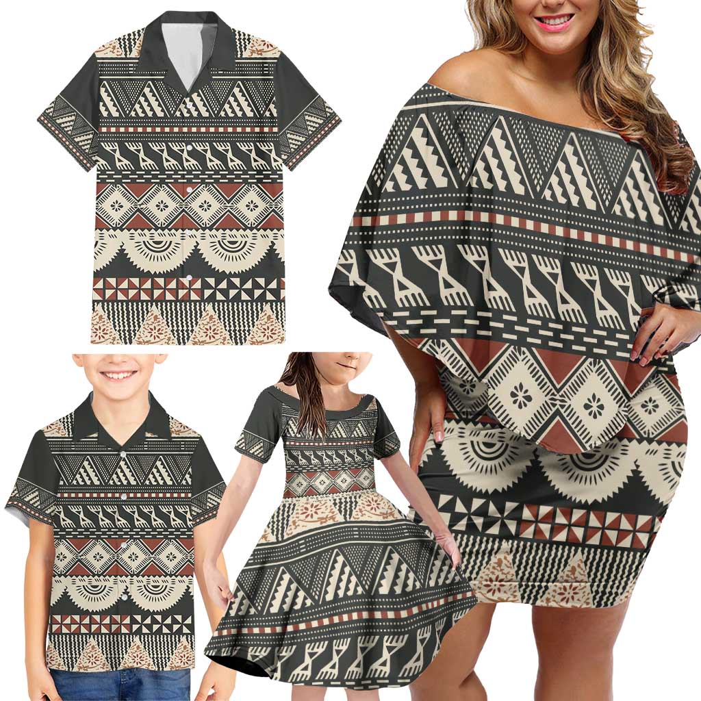 Vintage Bula Fiji Masi Family Matching Off Shoulder Short Dress and Hawaiian Shirt Fijian Tapa Cloth LT14 - Polynesian Pride