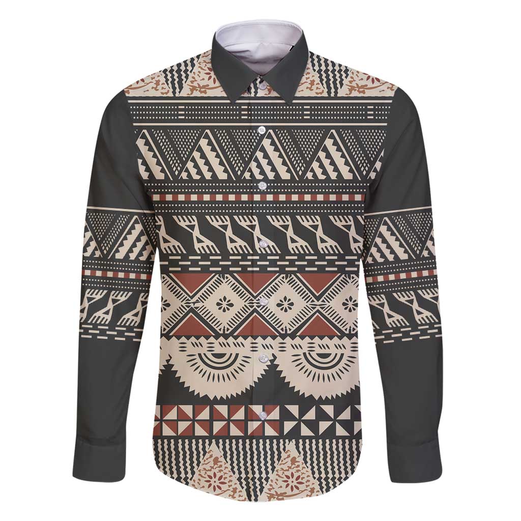 Vintage Bula Fiji Masi Family Matching Off Shoulder Short Dress and Hawaiian Shirt Fijian Tapa Cloth LT14 Dad's Shirt - Long Sleeve Charcoal - Polynesian Pride