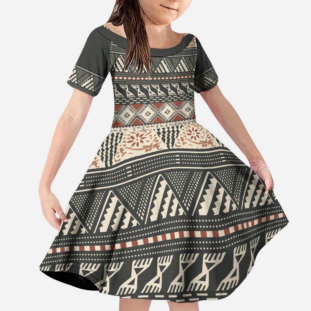 Vintage Bula Fiji Masi Family Matching Puletasi and Hawaiian Shirt Fijian Tapa Cloth LT14 Daughter's Dress Charcoal - Polynesian Pride