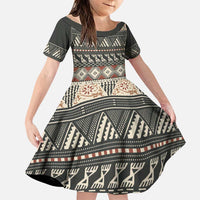 Vintage Bula Fiji Masi Family Matching Puletasi and Hawaiian Shirt Fijian Tapa Cloth LT14 Daughter's Dress Charcoal - Polynesian Pride