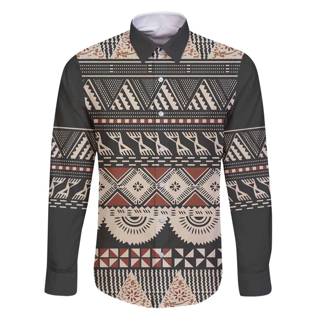 Vintage Bula Fiji Masi Family Matching Puletasi and Hawaiian Shirt Fijian Tapa Cloth LT14 Dad's Shirt - Long Sleeve Charcoal - Polynesian Pride