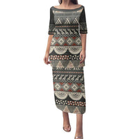 Vintage Bula Fiji Masi Family Matching Puletasi and Hawaiian Shirt Fijian Tapa Cloth LT14 Mom's Dress Charcoal - Polynesian Pride