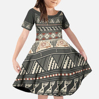 Vintage Bula Fiji Masi Family Matching Short Sleeve Bodycon Dress and Hawaiian Shirt Fijian Tapa Cloth LT14 Daughter's Dress Charcoal - Polynesian Pride