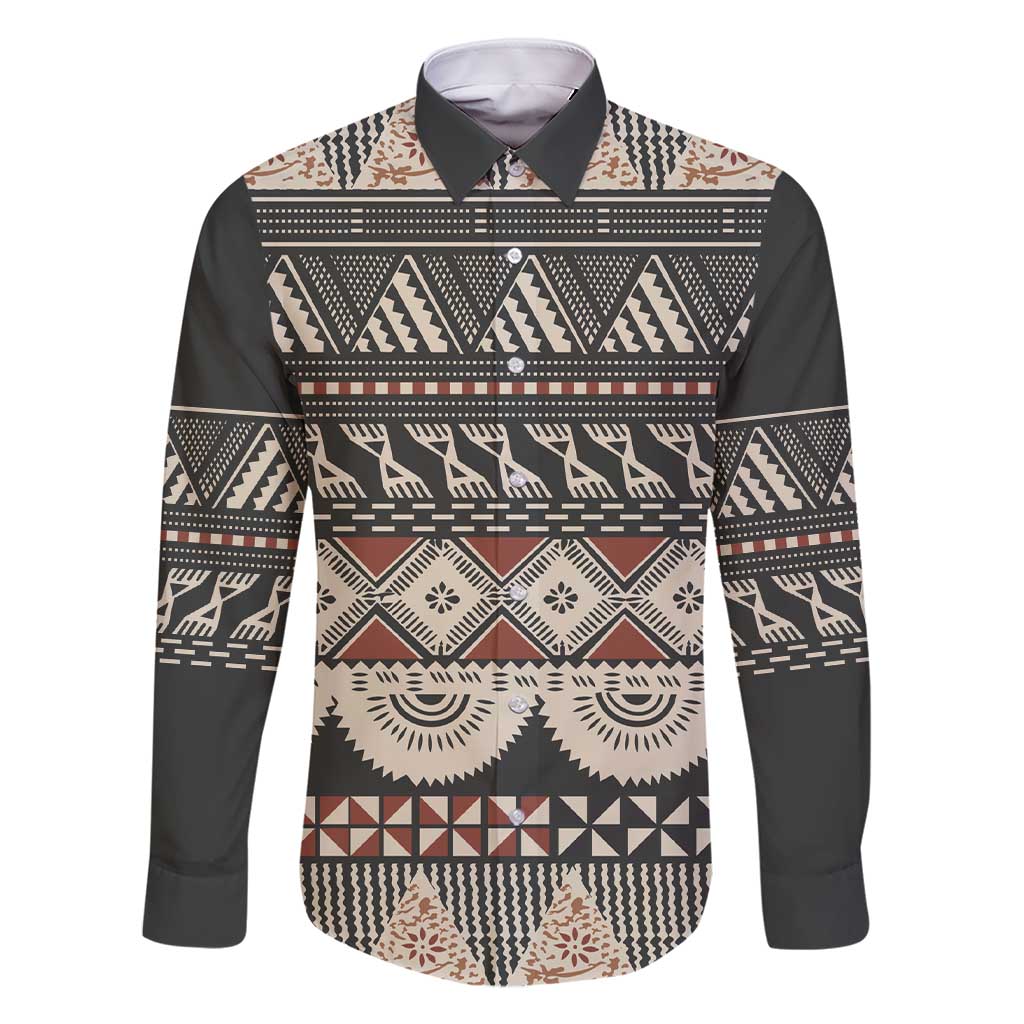 Vintage Bula Fiji Masi Family Matching Short Sleeve Bodycon Dress and Hawaiian Shirt Fijian Tapa Cloth LT14 Dad's Shirt - Long Sleeve Charcoal - Polynesian Pride