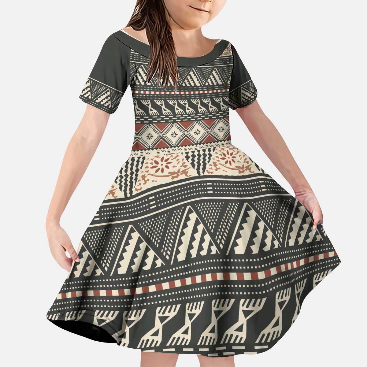 Vintage Bula Fiji Masi Kid Short Sleeve Dress Fijian Tapa Cloth LT14 KID Charcoal - Polynesian Pride