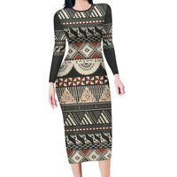 Vintage Bula Fiji Masi Long Sleeve Bodycon Dress Fijian Tapa Cloth LT14 Long Dress Charcoal - Polynesian Pride