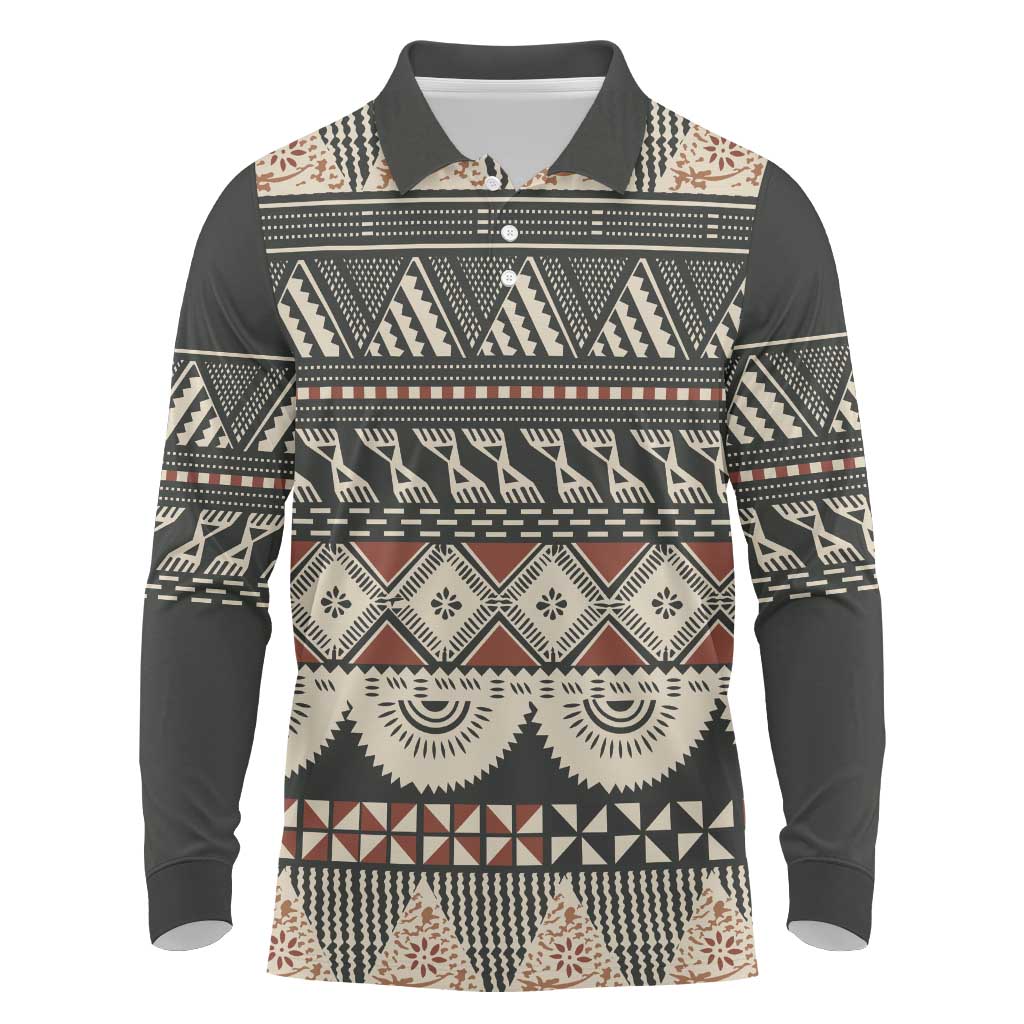Vintage Bula Fiji Masi Long Sleeve Polo Shirt Fijian Tapa Cloth LT14 Charcoal - Polynesian Pride