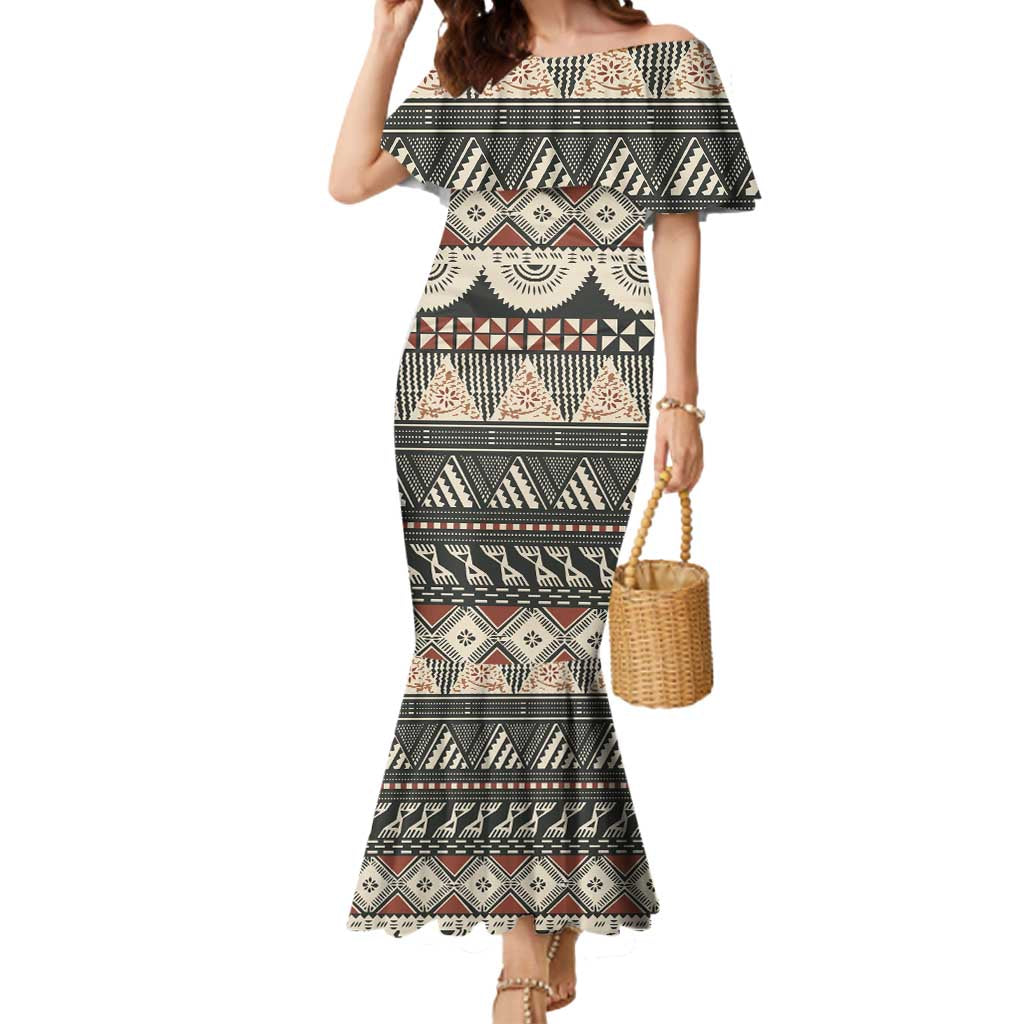 Vintage Bula Fiji Masi Mermaid Dress Fijian Tapa Cloth LT14 Women Charcoal - Polynesian Pride