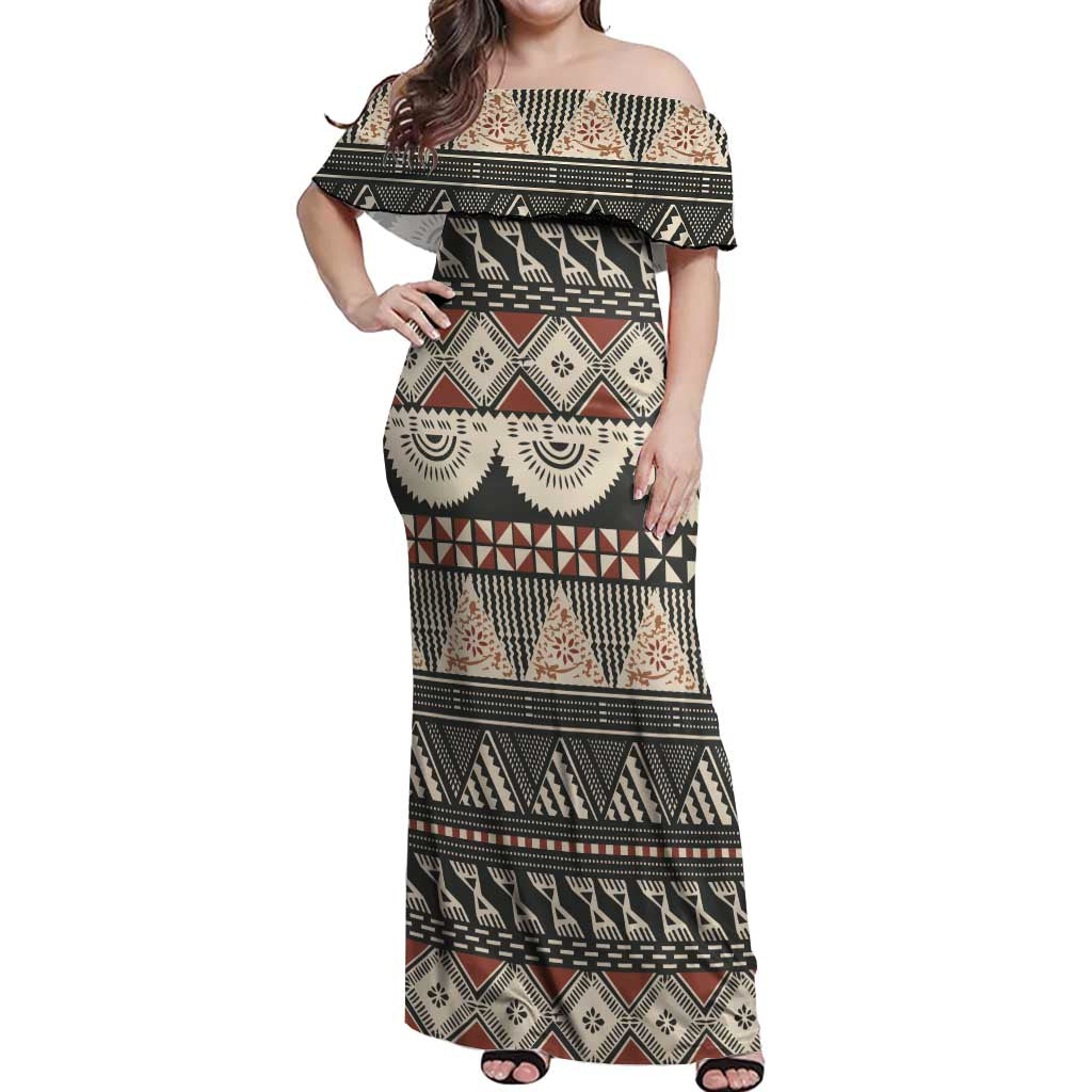 Vintage Bula Fiji Masi Off Shoulder Maxi Dress Fijian Tapa Cloth LT14 Women Charcoal - Polynesian Pride