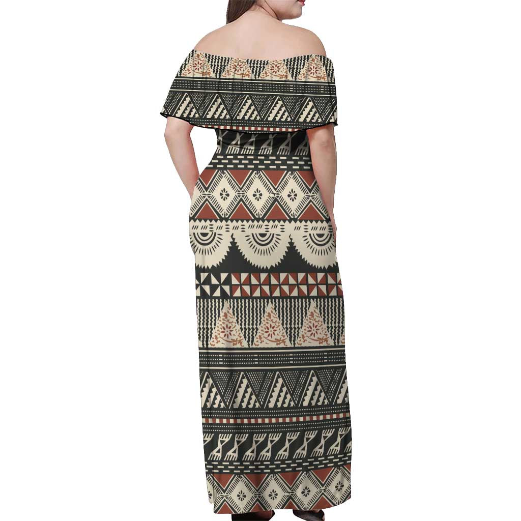 Vintage Bula Fiji Masi Off Shoulder Maxi Dress Fijian Tapa Cloth LT14 - Polynesian Pride