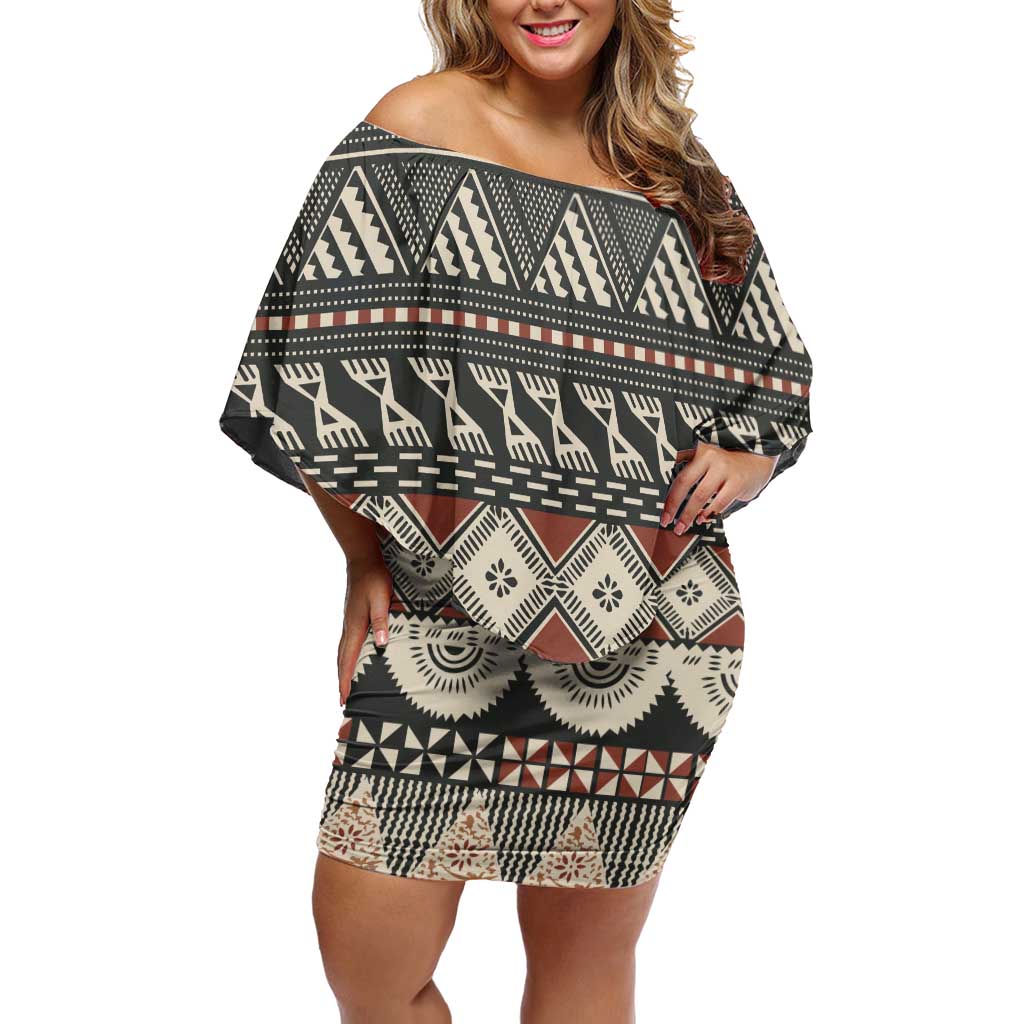 Vintage Bula Fiji Masi Off Shoulder Short Dress Fijian Tapa Cloth LT14 Women Charcoal - Polynesian Pride