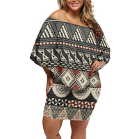 Vintage Bula Fiji Masi Off Shoulder Short Dress Fijian Tapa Cloth LT14 Women Charcoal - Polynesian Pride