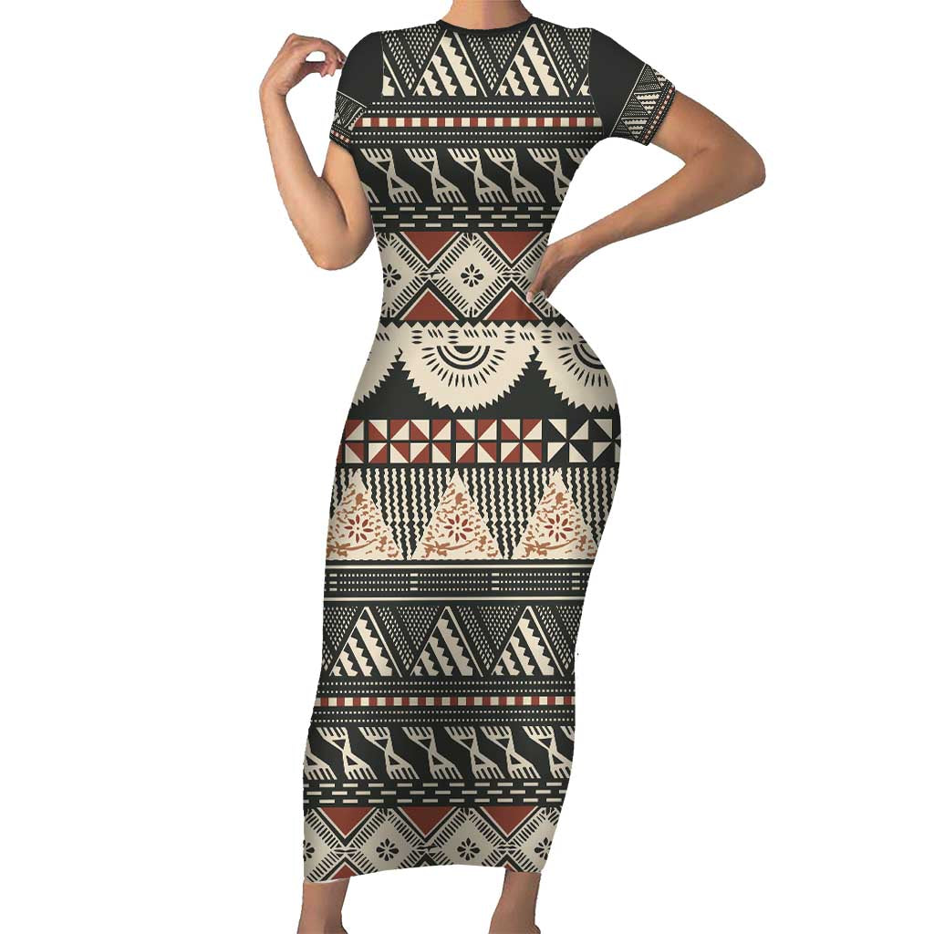 Vintage Bula Fiji Masi Short Sleeve Bodycon Dress Fijian Tapa Cloth LT14 Long Dress Charcoal - Polynesian Pride