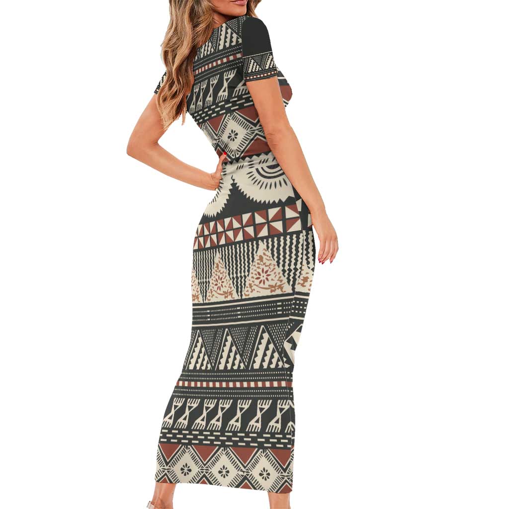 Vintage Bula Fiji Masi Short Sleeve Bodycon Dress Fijian Tapa Cloth LT14 - Polynesian Pride