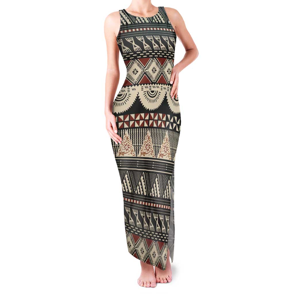 Vintage Bula Fiji Masi Tank Maxi Dress Fijian Tapa Cloth LT14 Women Charcoal - Polynesian Pride