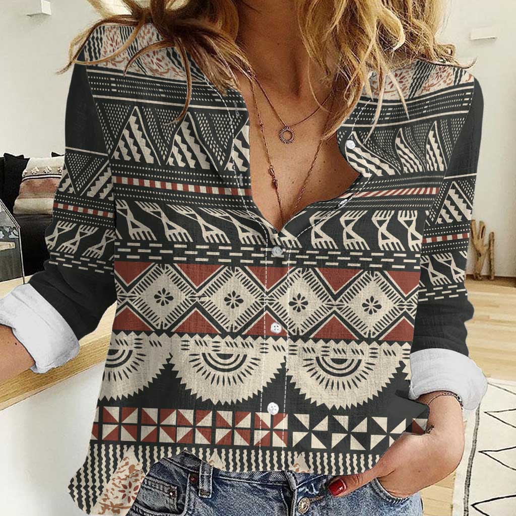Vintage Bula Fiji Masi Women Casual Shirt Fijian Tapa Cloth LT14 Female Charcoal - Polynesian Pride