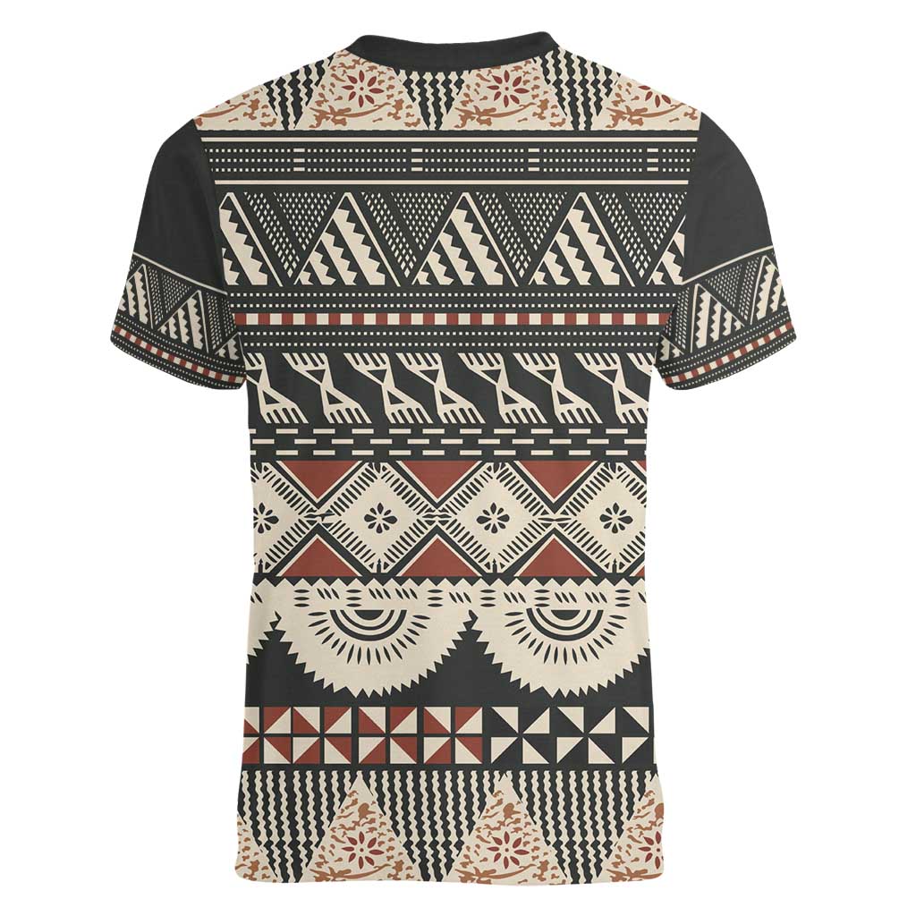 Vintage Bula Fiji Masi Women V-Neck T-Shirt Fijian Tapa Cloth LT14 - Polynesian Pride