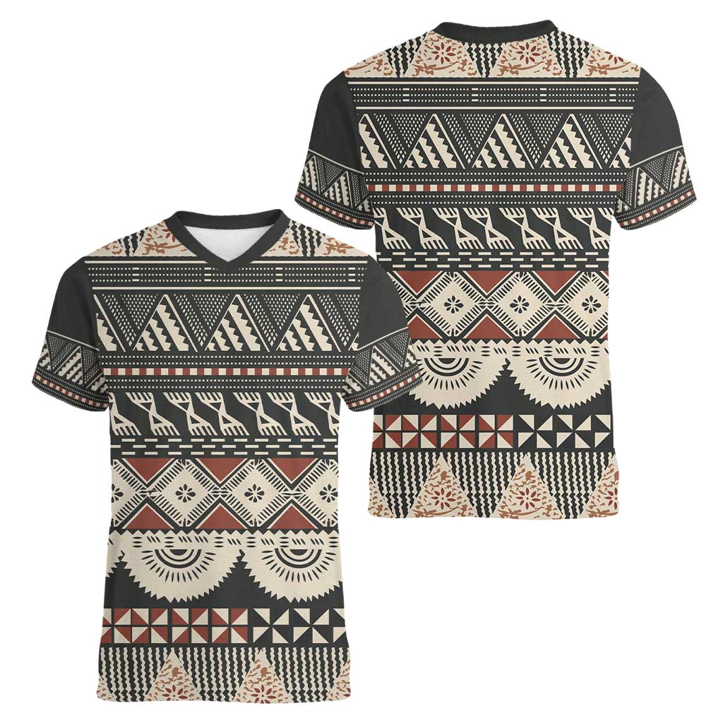Vintage Bula Fiji Masi Women V-Neck T-Shirt Fijian Tapa Cloth LT14 - Polynesian Pride