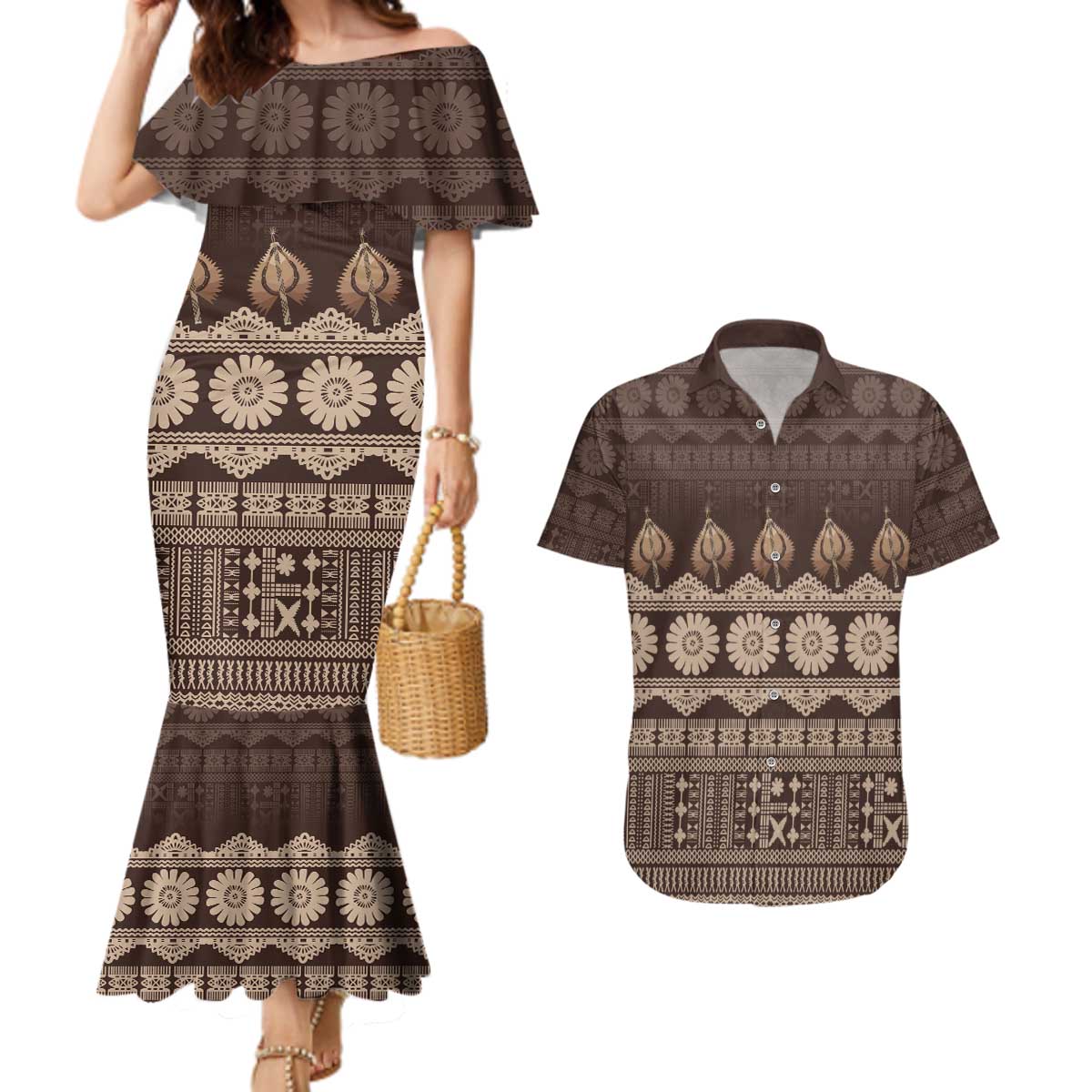 Bula Fiji Iri ni Meke Couples Matching Mermaid Dress and Hawaiian Shirt Kuvui Fijian Masi - Polynesian Pride