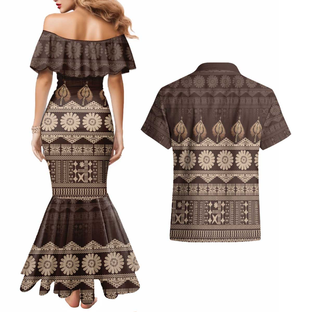 Bula Fiji Iri ni Meke Couples Matching Mermaid Dress and Hawaiian Shirt Kuvui Fijian Masi LT14 - Polynesian Pride