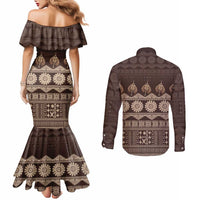 Bula Fiji Iri ni Meke Couples Matching Mermaid Dress and Long Sleeve Button Shirt Kuvui Fijian Masi LT14 - Polynesian Pride