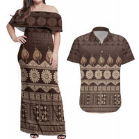 Bula Fiji Iri ni Meke Couples Matching Off Shoulder Maxi Dress and Hawaiian Shirt Kuvui Fijian Masi LT14 Brown - Polynesian Pride