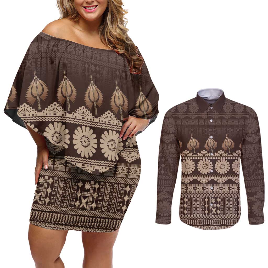 Bula Fiji Iri ni Meke Couples Matching Off Shoulder Short Dress and Long Sleeve Button Shirt Kuvui Fijian Masi - Polynesian Pride