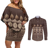 Bula Fiji Iri ni Meke Couples Matching Off Shoulder Short Dress and Long Sleeve Button Shirt Kuvui Fijian Masi LT14 Brown - Polynesian Pride