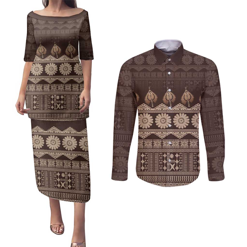 Bula Fiji Iri ni Meke Couples Matching Puletasi and Long Sleeve Button Shirt Kuvui Fijian Masi LT14 Brown - Polynesian Pride