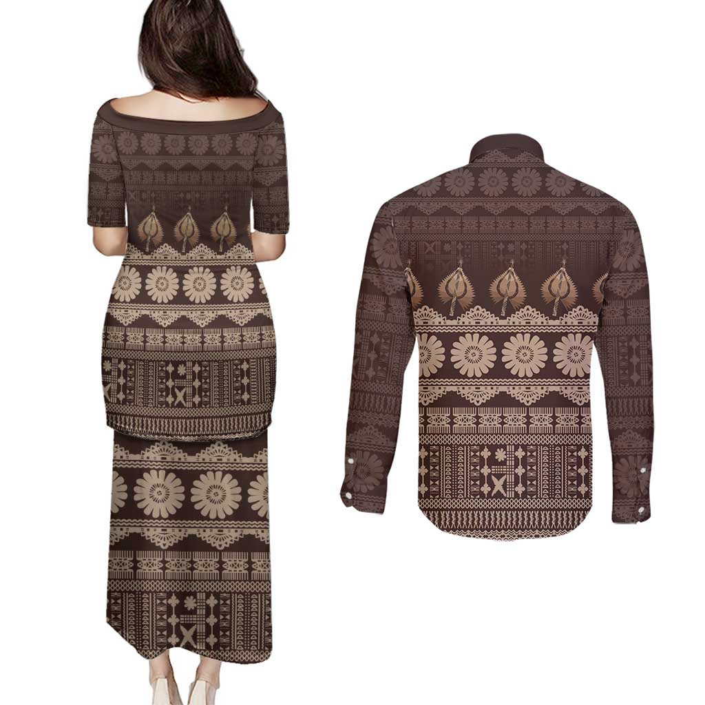 Bula Fiji Iri ni Meke Couples Matching Puletasi and Long Sleeve Button Shirt Kuvui Fijian Masi LT14 - Polynesian Pride