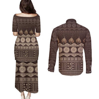 Bula Fiji Iri ni Meke Couples Matching Puletasi and Long Sleeve Button Shirt Kuvui Fijian Masi LT14 - Polynesian Pride