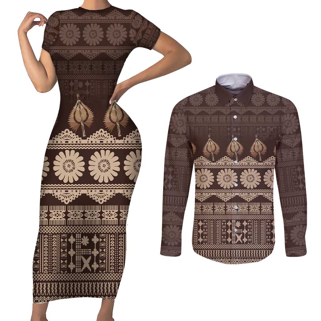 Bula Fiji Iri ni Meke Couples Matching Short Sleeve Bodycon Dress and Long Sleeve Button Shirt Kuvui Fijian Masi - Polynesian Pride