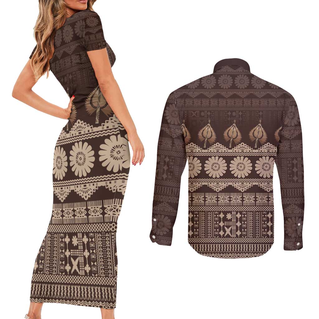 Bula Fiji Iri ni Meke Couples Matching Short Sleeve Bodycon Dress and Long Sleeve Button Shirt Kuvui Fijian Masi LT14 - Polynesian Pride
