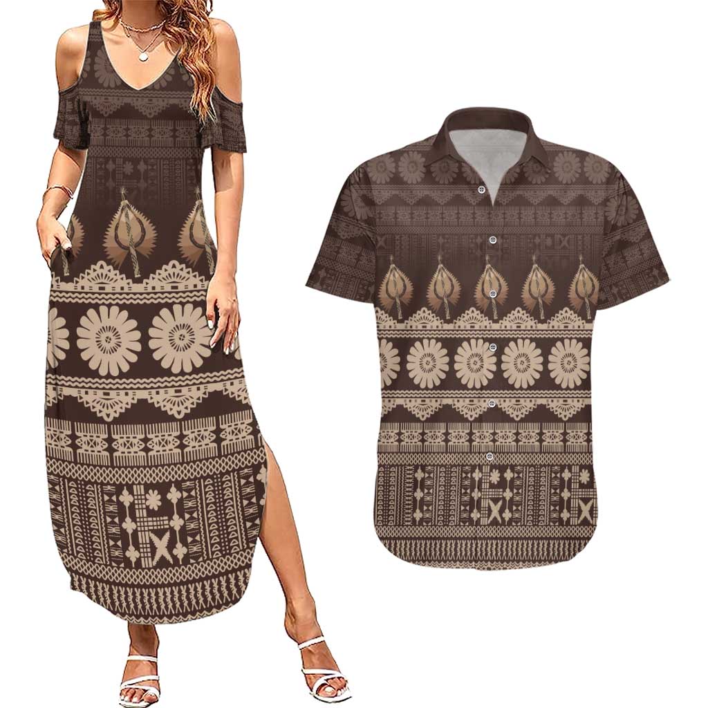 Bula Fiji Iri ni Meke Couples Matching Summer Maxi Dress and Hawaiian Shirt Kuvui Fijian Masi LT14 Brown - Polynesian Pride