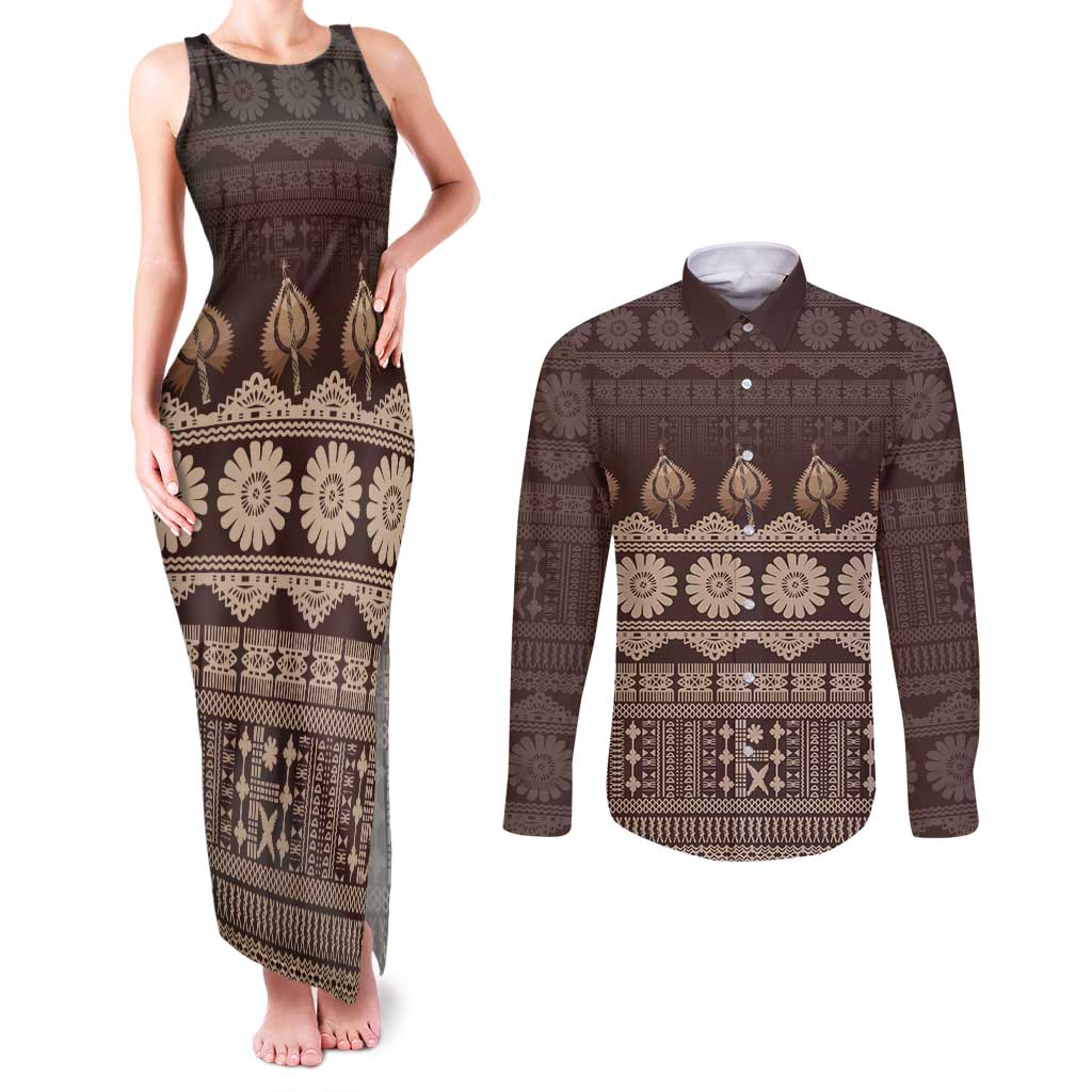 Bula Fiji Iri ni Meke Couples Matching Tank Maxi Dress and Long Sleeve Button Shirt Kuvui Fijian Masi LT14 Brown - Polynesian Pride