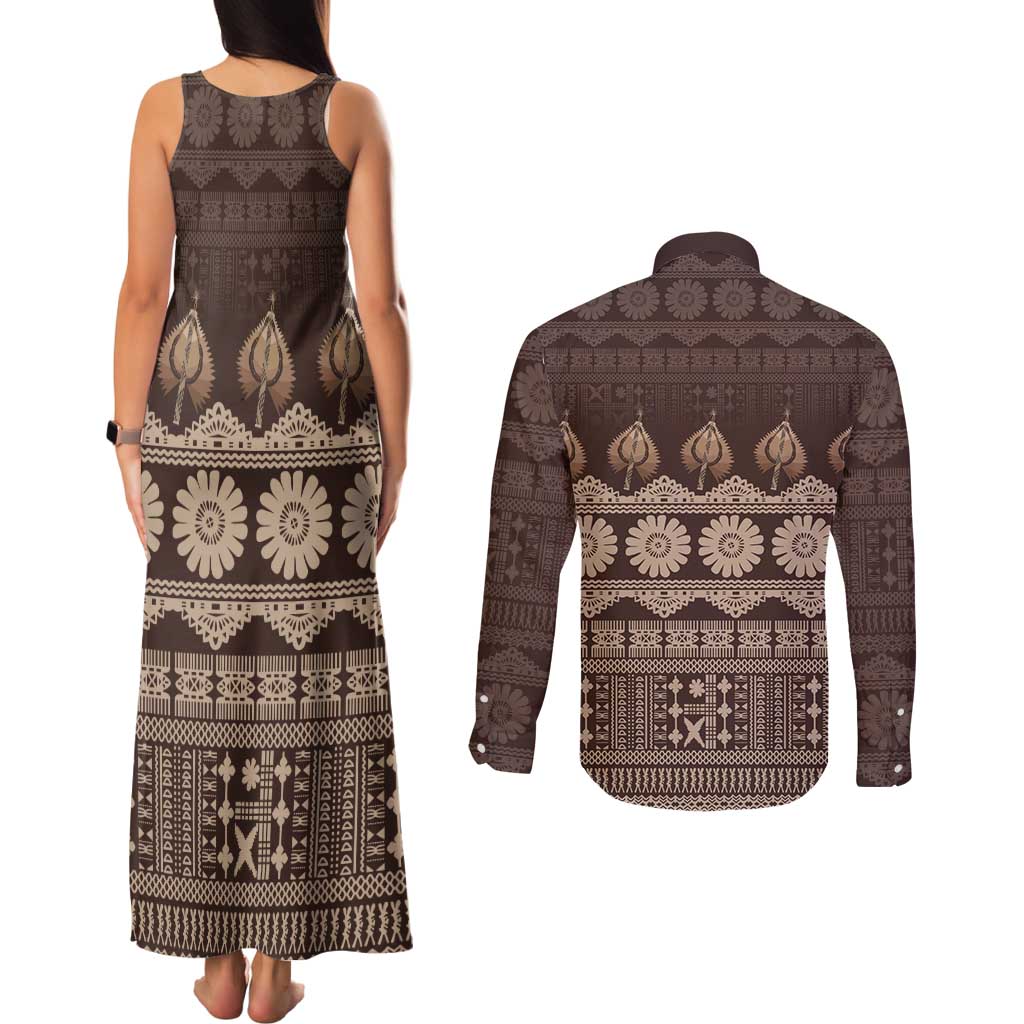 Bula Fiji Iri ni Meke Couples Matching Tank Maxi Dress and Long Sleeve Button Shirt Kuvui Fijian Masi LT14 - Polynesian Pride