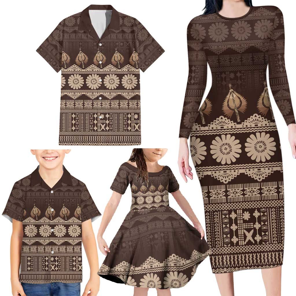 Bula Fiji Iri ni Meke Family Matching Long Sleeve Bodycon Dress and Hawaiian Shirt Kuvui Fijian Masi LT14 - Polynesian Pride