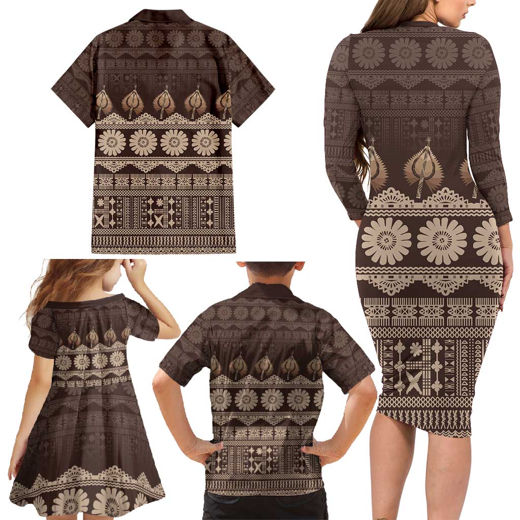Bula Fiji Iri ni Meke Family Matching Long Sleeve Bodycon Dress and Hawaiian Shirt Kuvui Fijian Masi LT14 - Polynesian Pride