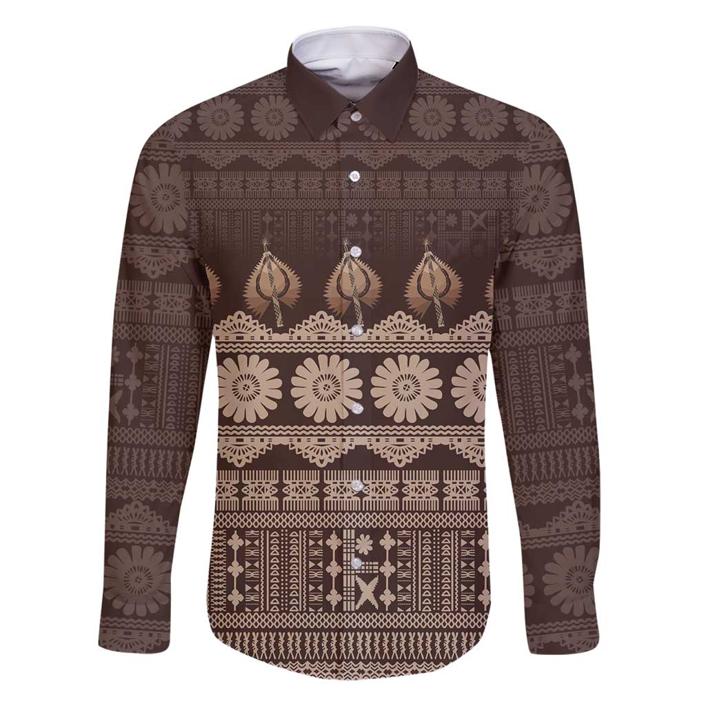 Bula Fiji Iri ni Meke Family Matching Long Sleeve Bodycon Dress and Hawaiian Shirt Kuvui Fijian Masi LT14 Dad's Shirt - Long Sleeve Brown - Polynesian Pride
