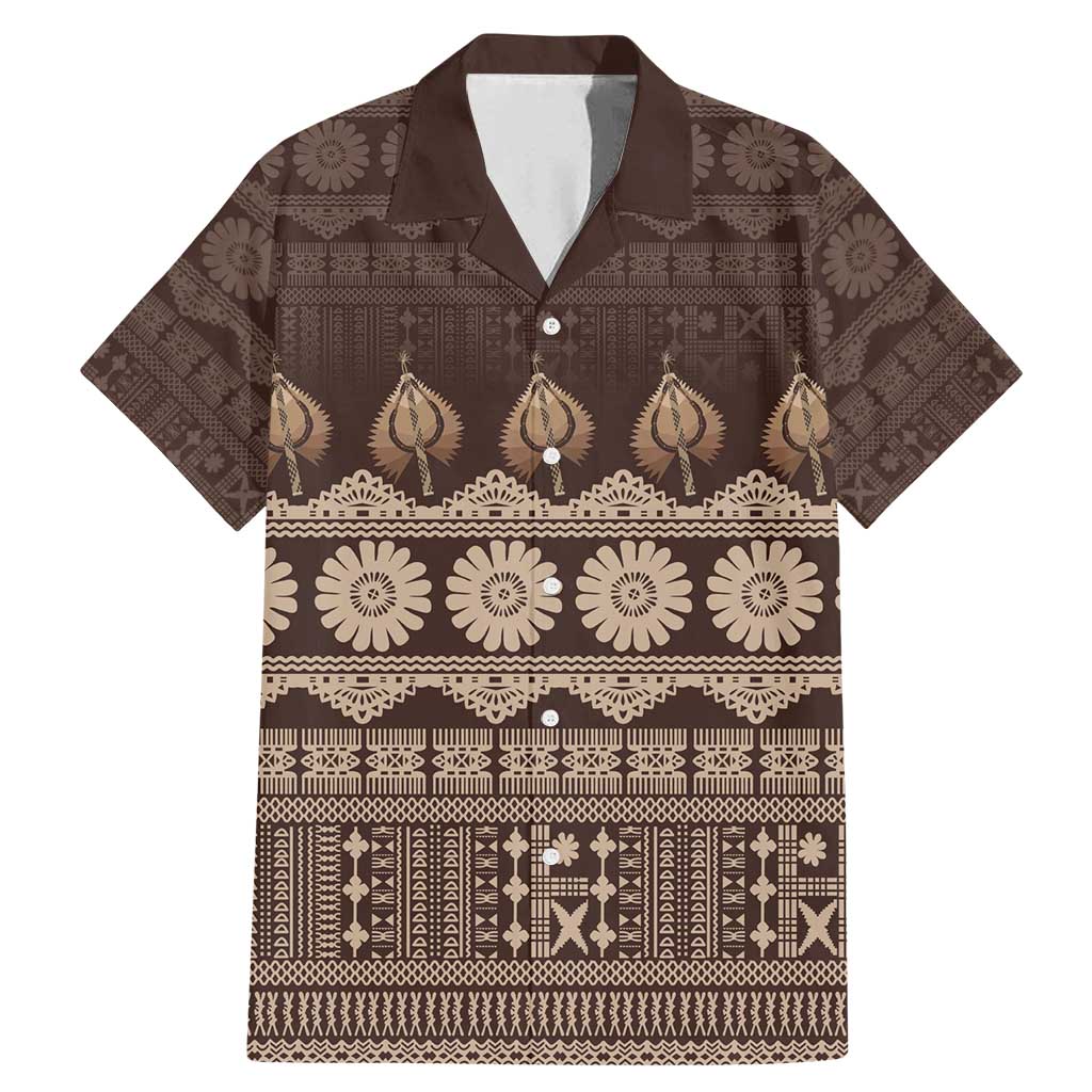 Bula Fiji Iri ni Meke Family Matching Mermaid Dress and Hawaiian Shirt Kuvui Fijian Masi LT14 Dad's Shirt - Short Sleeve Brown - Polynesian Pride