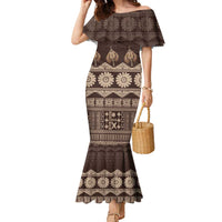 Bula Fiji Iri ni Meke Family Matching Mermaid Dress and Hawaiian Shirt Kuvui Fijian Masi LT14 Mom's Dress Brown - Polynesian Pride