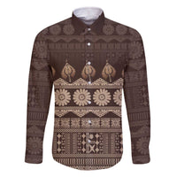 Bula Fiji Iri ni Meke Family Matching Off The Shoulder Long Sleeve Dress and Hawaiian Shirt Kuvui Fijian Masi LT14 Dad's Shirt - Long Sleeve Brown - Polynesian Pride