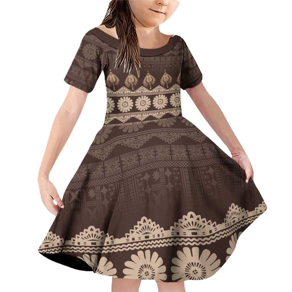Bula Fiji Iri ni Meke Family Matching Off Shoulder Short Dress and Hawaiian Shirt Kuvui Fijian Masi LT14 Daughter's Dress Brown - Polynesian Pride