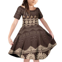 Bula Fiji Iri ni Meke Family Matching Off Shoulder Short Dress and Hawaiian Shirt Kuvui Fijian Masi LT14 Daughter's Dress Brown - Polynesian Pride